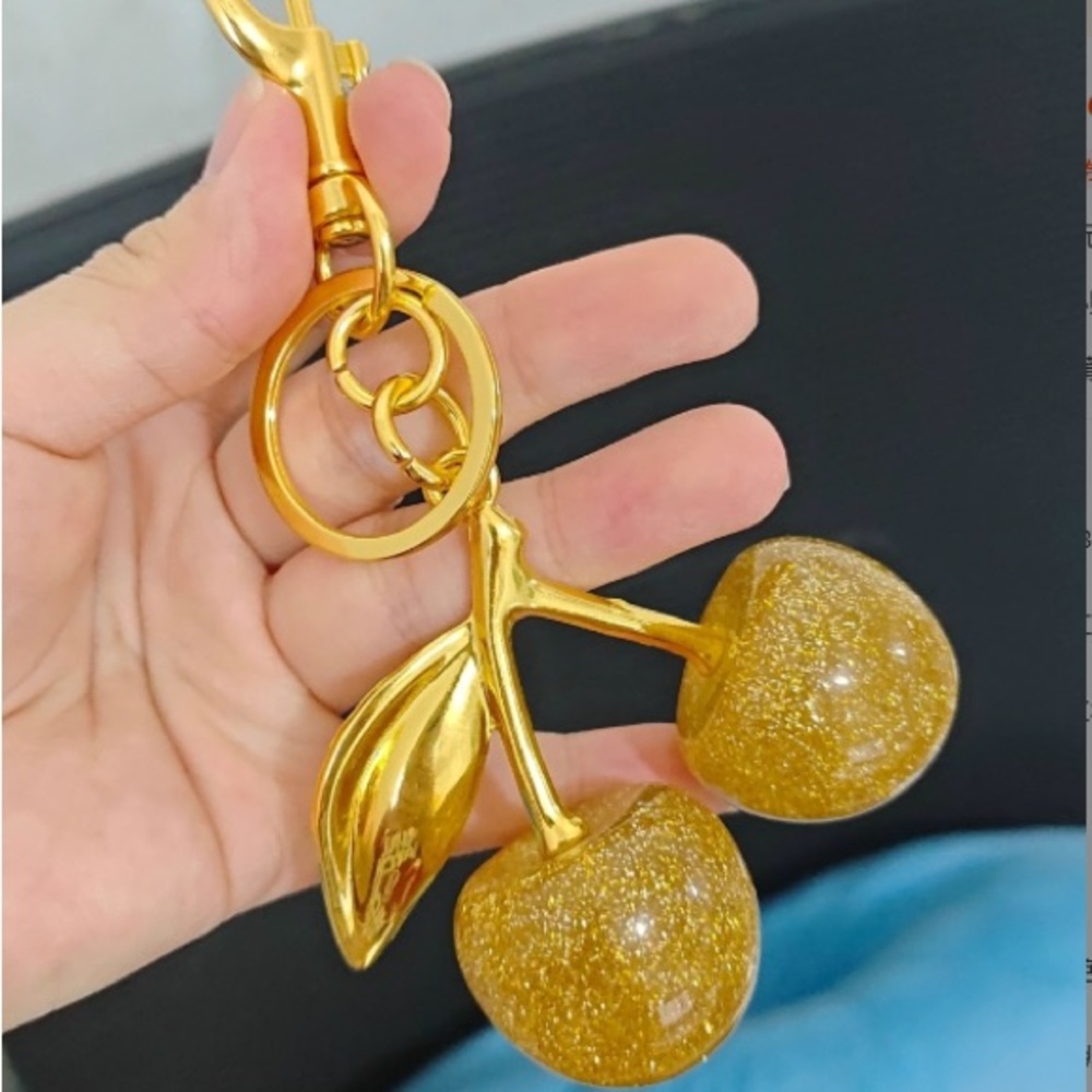 Gold Cherry Keychain Charm - Sparkling Fruit Pendant
